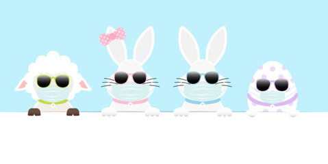 Schaf 2 Weiße Osterhasen Mädchen/Junge & Osterei Maske Sonnenbrille Banner Himmel