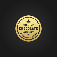 Premium Chocolate Seal or Premium Chocolate Stamp Vector On Black Background. Gold Colored Premium Chocolate Seal. Perfect for product labels. Premium Chocolate label for quality products.