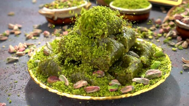Traditional turkish baklava pistachio pastry. Dilberdudagi, ozel kesim baklava, cikolatali baklava, fistikli baklava, katmer, fistikli kadayif, kattafi, fistik sarma, soguk baklava, midye baklava, cev