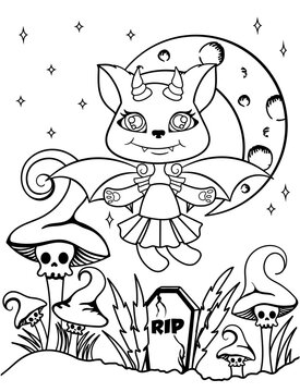 creepy cute kitten vampire with bat wings flying against the background of the moon mushroom with skulls grave coloring book contour lines