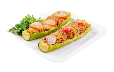 Zucchini stuffed with meat, vegetables and cheese