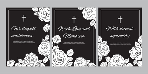 Condolence vector cards template set. Funeral frame with rose on black background. Sympathy card collection illustration.