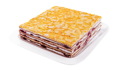 Delicious multilayer cocoa sponge cake with almonds