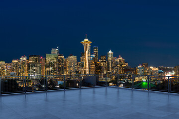 Skyscrapers Cityscape Downtown, Seattle Skyline Buildings. Beautiful Real Estate. night time. Empty rooftop View. Success concept.