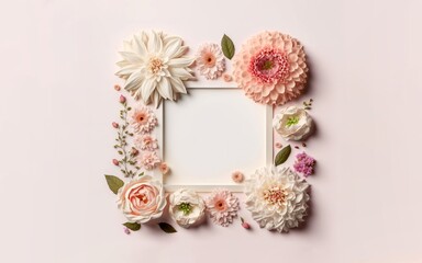 Blank rectangle pink roses frame on pink and white background
