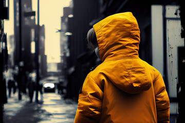 Kid in yellow jacket back view on city street. Generative AI.
