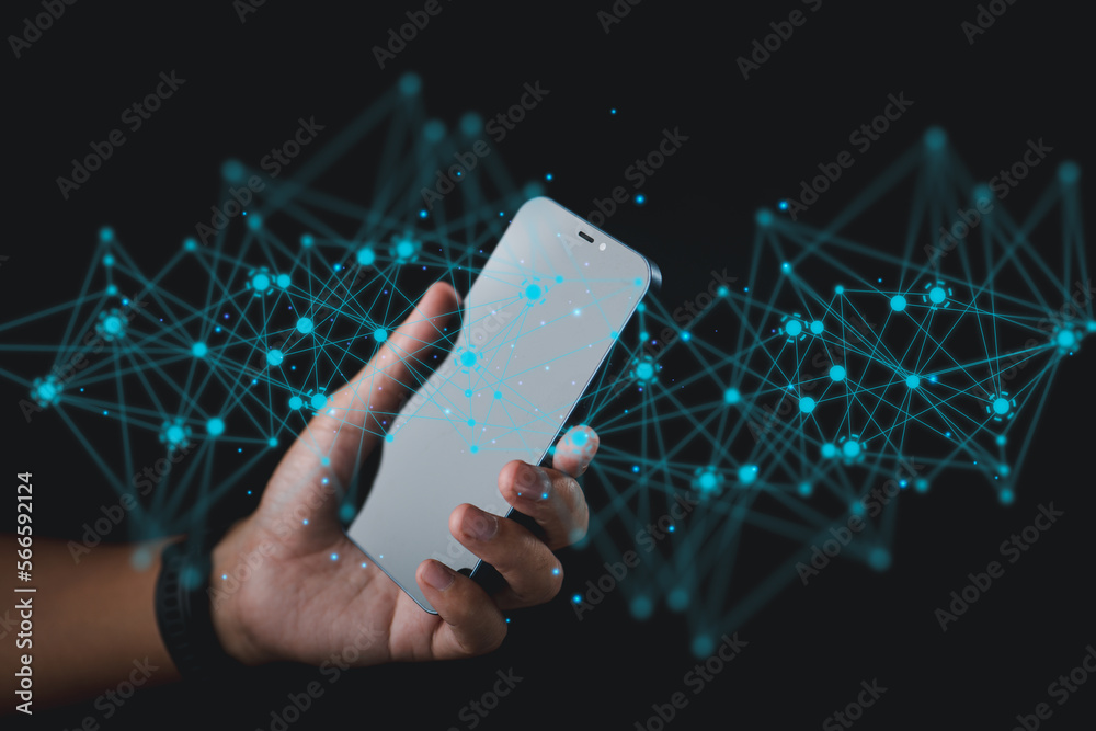 Poster Handheld smartphone with digital data connection, global social network, AI system, software link to the internet, touch screen on the screen, information technology for people with new lives