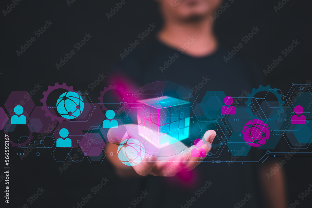 Poster blockchain technology concepts. a digital and futuristic graphic is levitated by hand to connect peo