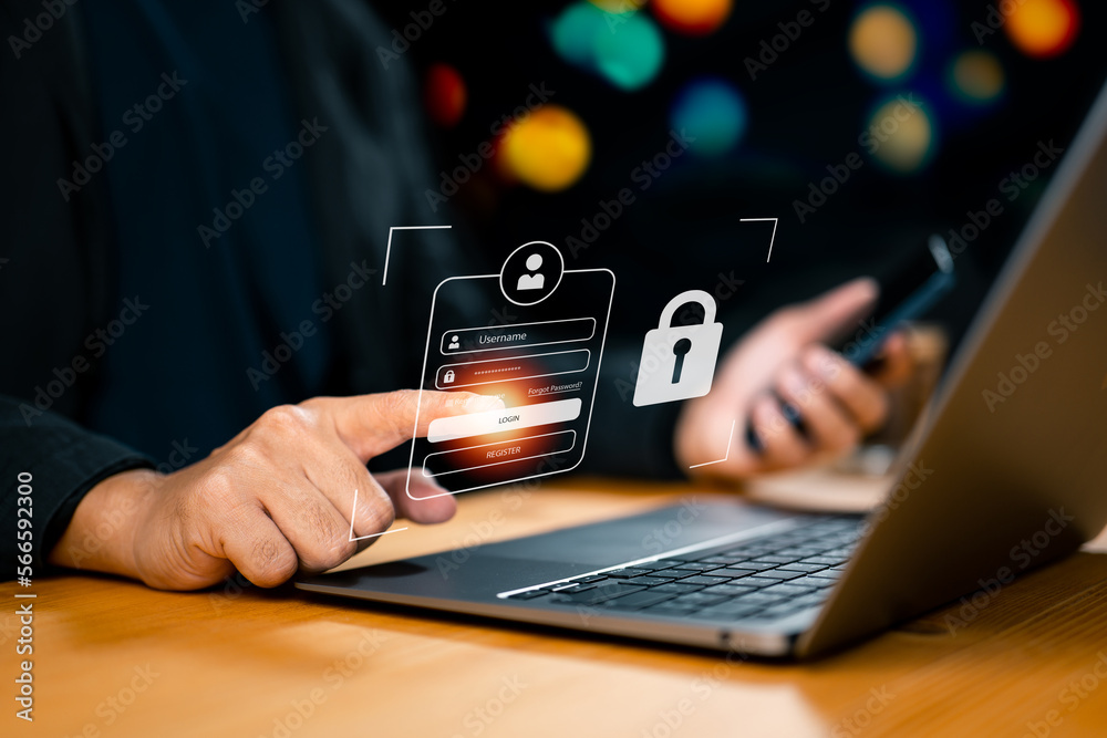 Poster Cybersecurity and privacy concepts protect data. lock icon and Internet network security technology. Businessmen protecting personal data on laptops and virtual screens.