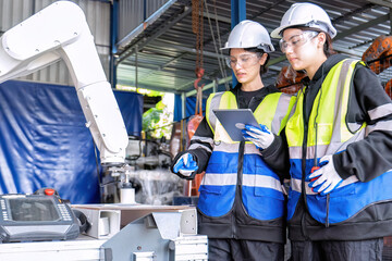 Women engineer team together at work in modern advanced robot welding machine sell service factory