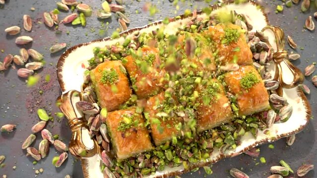 Traditional turkish baklava pistachio pastry. Dilberdudagi, ozel kesim baklava, cikolatali baklava, fistikli baklava, katmer, fistikli kadayif, kattafi, fistik sarma, soguk baklava, midye baklava, cev