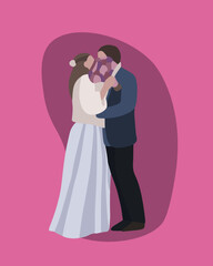 Vector isolated illustration of wedding ceremony. A couple at a wedding kiss while covering themselves with a bouquet.
