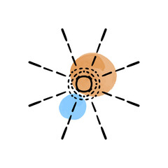 Vector illustration of abstract sun hand drawn in black line. Colored spots of watercolor paint. Logo for isoterics, celestial bodies, astrology.