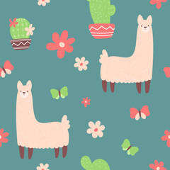Textile fabric seamless pattern with illustrations of cute llamas, butterflies and cacti