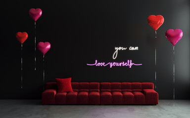 Valentine or birthday party empty interior room with velvet red sofa, decorative pillows. Neon light "You can love yourself" on the wall. Black wall. Red heart balloon. 3D render mock up