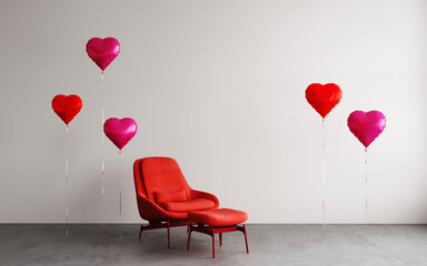 Valentine or birthday party empty interior room with red armchair and pink heart balloon home decor for valentine's day. Valentines, birthday, women's day decorate space. 3D render mockup.Love concept