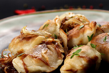 Exclusive main course - dumplings with onion - close up