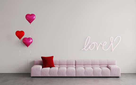 Valentine or birthday party empty interior room with pink sofa and pink, red heart balloon home decor. Neon light "Love" on the wall. Valentines, birthday, women's day decorate space. 3D render mockup