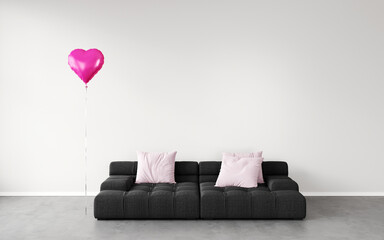 Valentine or birthday party empty interior room with dark sofa and pink heart balloon home decor for valentine's day. Valentines, birthday, women's day decorate space. 3D render mockup. Love concept. 