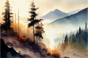 Spruce or pine tree in mountains, watercolor landscape. Generative AI