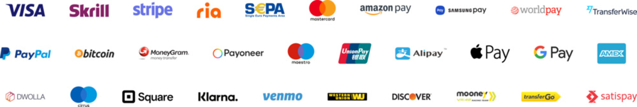 Popular online payment methods logo with white background. Transparent with vector logotype gateway icon set for website.