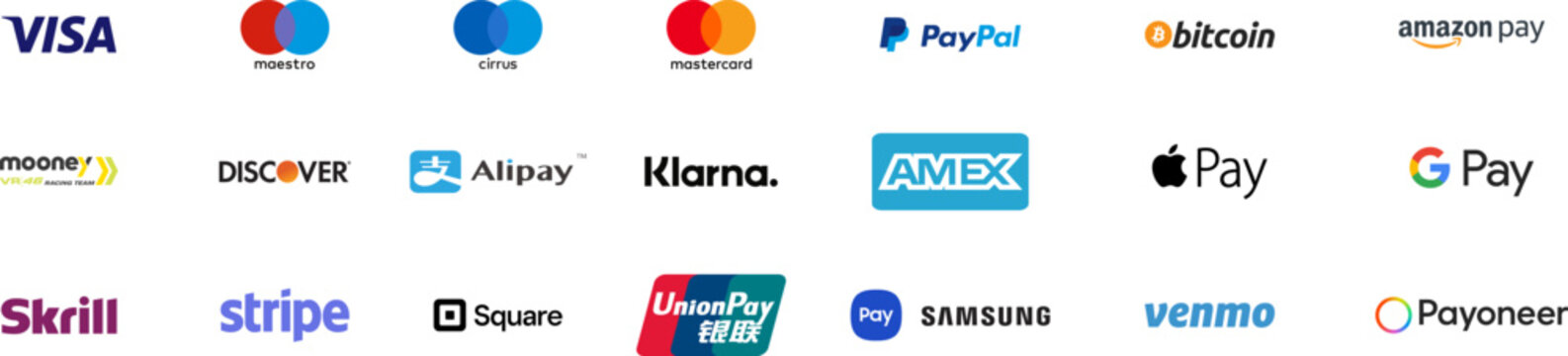 Popular online payment methods logo with white background. Transparent with vector logotype gateway icon set for website