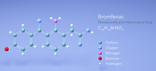 bromfenac molecule, molecular structures, nonsteroidal anti-inflammatory drugs c15h12brno3 3d model, Structural Chemical Formula and Atoms with Color Coding