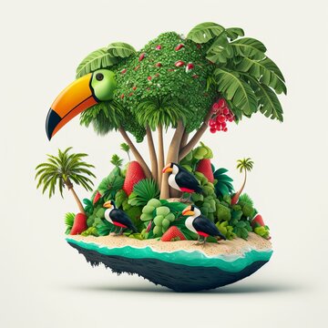 Toucans and Stranded on a Green Island An Ollo Creation, Generative AI.	