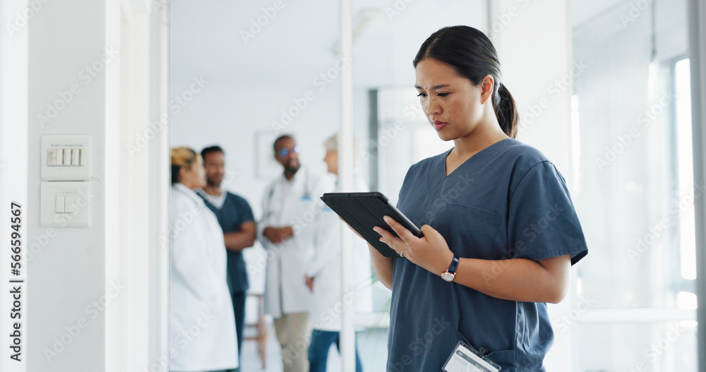 Canvas Prints Tablet research, healthcare and woman doctor in hospital for telehealth. Digital technology, nurse and medical surgeon check mobile app for data analysis, online test results and clinic information