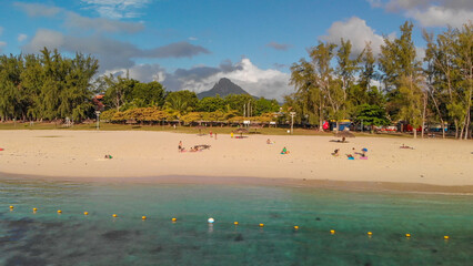 Fototapeta premium Amazing aerial view of Flic en Flac Beach at sunset, Mauritius Island