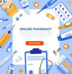 Online pharmacy illustration with medical with medical elements: syringe, thermometer, pills, ointment, pipettes, mercury and electronic thermometers, cough syrup, inhaler, ampoules, anti-stuffy nose.