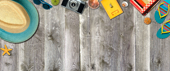 Topview Beach Accessories Background on Grey Wood