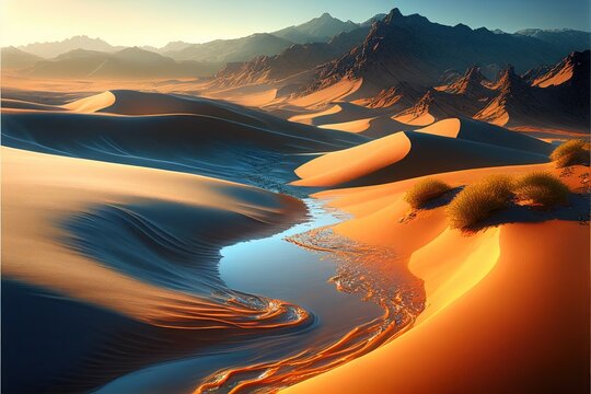 Created with Generative AI technology. The stream of water in the desert among the sandy hills. The problem of water supply in arid regions