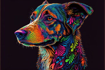 Colorful Dog in a psychedelic style background, Rainbow Dog fantasy, Neon Dog, generative ai.