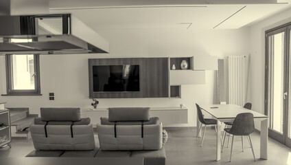 Fototapeta na wymiar Moving to a new house. Living room interior. Large sofa and TV cabinet in a modern interior design