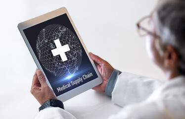 Doctor, tablet or global healthcare logistics in medical supply chain, medicine shipping or...