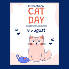 Hand drawn international cat day poster. The cat is stern, sad