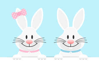 2 Weiße Osterhasen Mädchen & Junge Groß Halten Banner Himmel