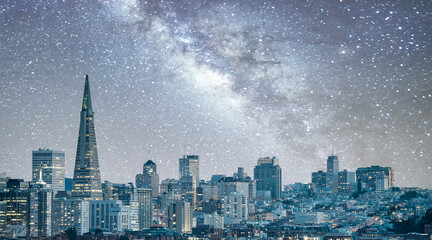 San Francisco, California. Panoramic view of Downtown skyline on a starry night