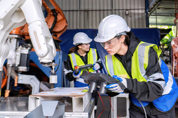 Women engineer team together at work in modern advanced robot welding machine sell service factory