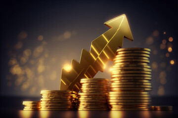 Golden growing arrow with stacks of golden coins and gold bar, business and finance, savings, investment
