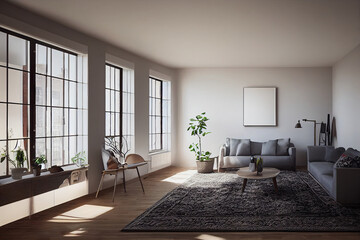 Obraz premium mock up poster frame in boho interior background, wooden living room design, Scandinavian style. Generative AI illustration