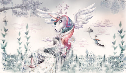 Fairy tale background with magic pegasus for wallpaper, can be used as poster. Botanical art. Mural.  - obrazy, fototapety, plakaty
