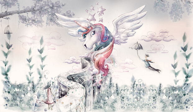 Fairy tale background with magic pegasus for wallpaper, can be used as poster. Botanical art. Mural. 