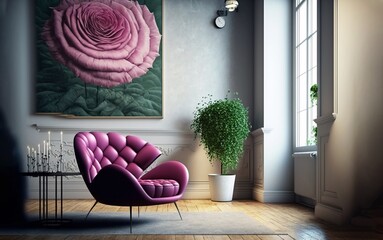 Modern interior living room background, a rose bouquet, and flowers in the style of painting, with a pink chair and lights for the table and ceiling