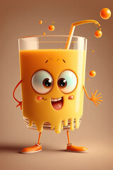 Cute Cartoon Glass of Orange Juice Character, Generative AI
