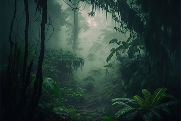 a lush green forest filled with lots of trees and plants on a foggy day in the middle of the forest with lots of trees and ferns.  generative ai