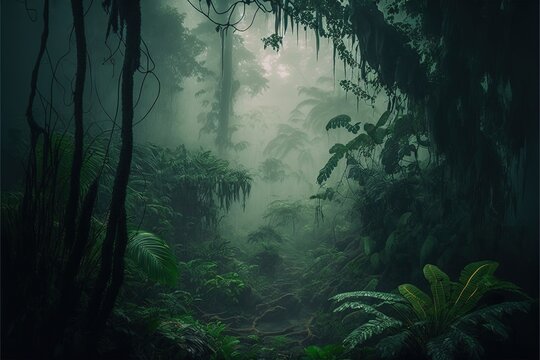  a lush green forest filled with lots of trees and plants on a foggy day in the middle of the forest with lots of trees and ferns. generative ai © Anna