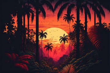  a painting of a tropical sunset with palm trees and a sunset in the distance with birds flying in the sky and a bird in the foreground.  generative ai