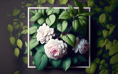 Tropical background wallpaper of palm leaves and roses, Flowers on the wall Cherry Blossom roses frame, beautiful flower arrangement, leaves, bouquet